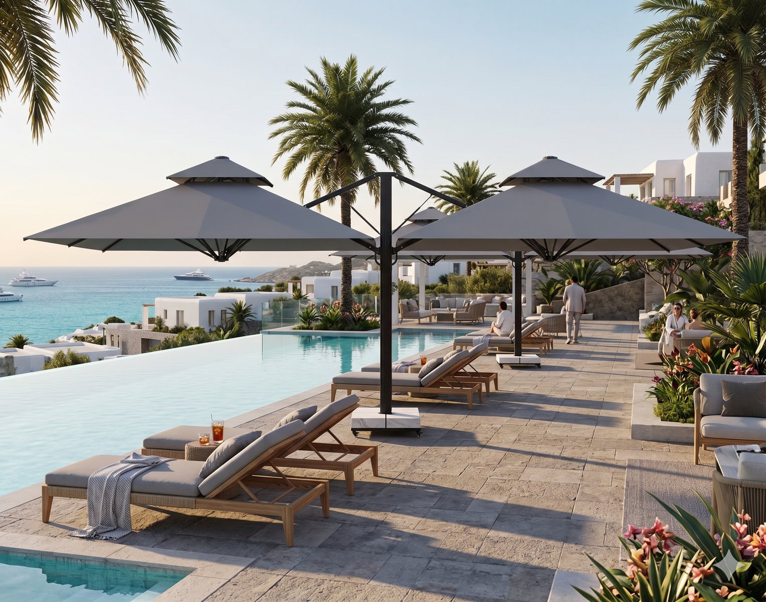 Double parasol shade system beside an infinity pool